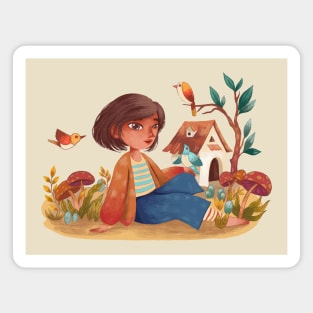 girl playing with birds hand drawn Magnet